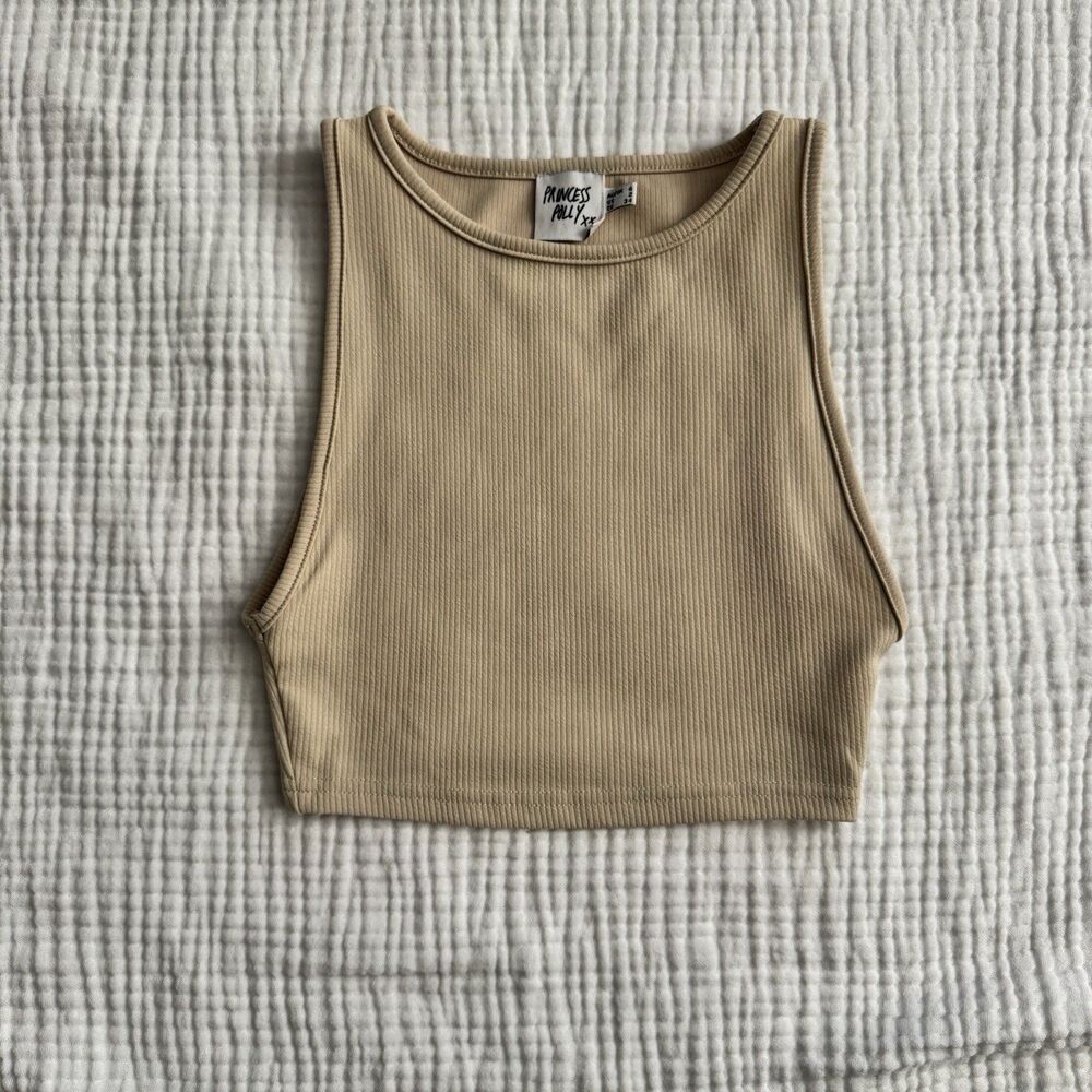 Princess Polly Womens US 2 Beige Ribbed Cropped Tank Top Sleeveless High Neck